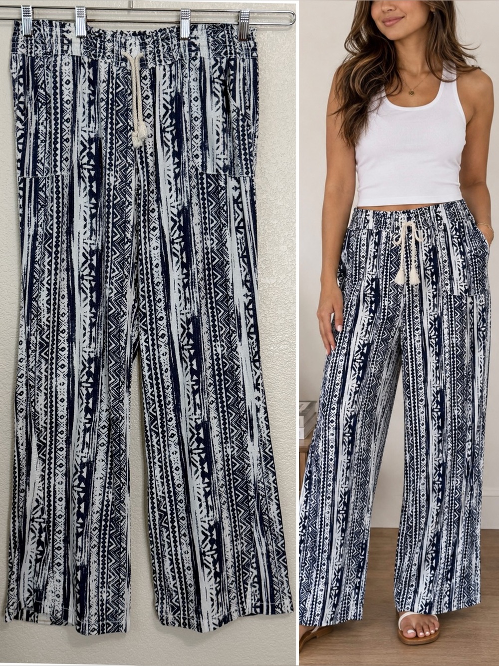 Cali 1850 Linen Blend Aztec Print Wide-Leg Pull-On Pants, Size XL